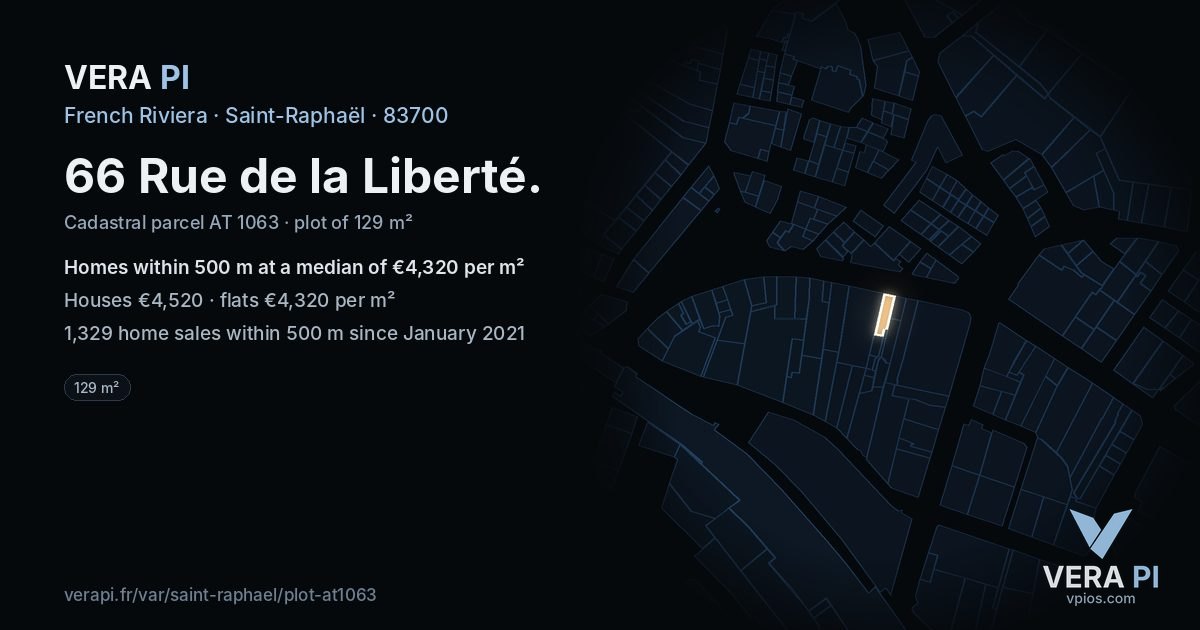 66 Rue de la Liberté, Saint-Raphaël at night – the plot lit, the parcels around coloured by the prices near them