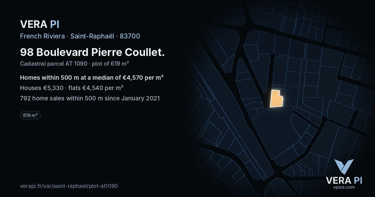 98 Boulevard Pierre Coullet, Saint-Raphaël at night – the plot lit, the parcels around coloured by the prices near them