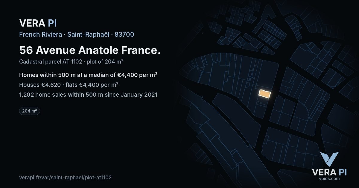 56 Avenue Anatole France, Saint-Raphaël at night – the plot lit, the parcels around coloured by the prices near them