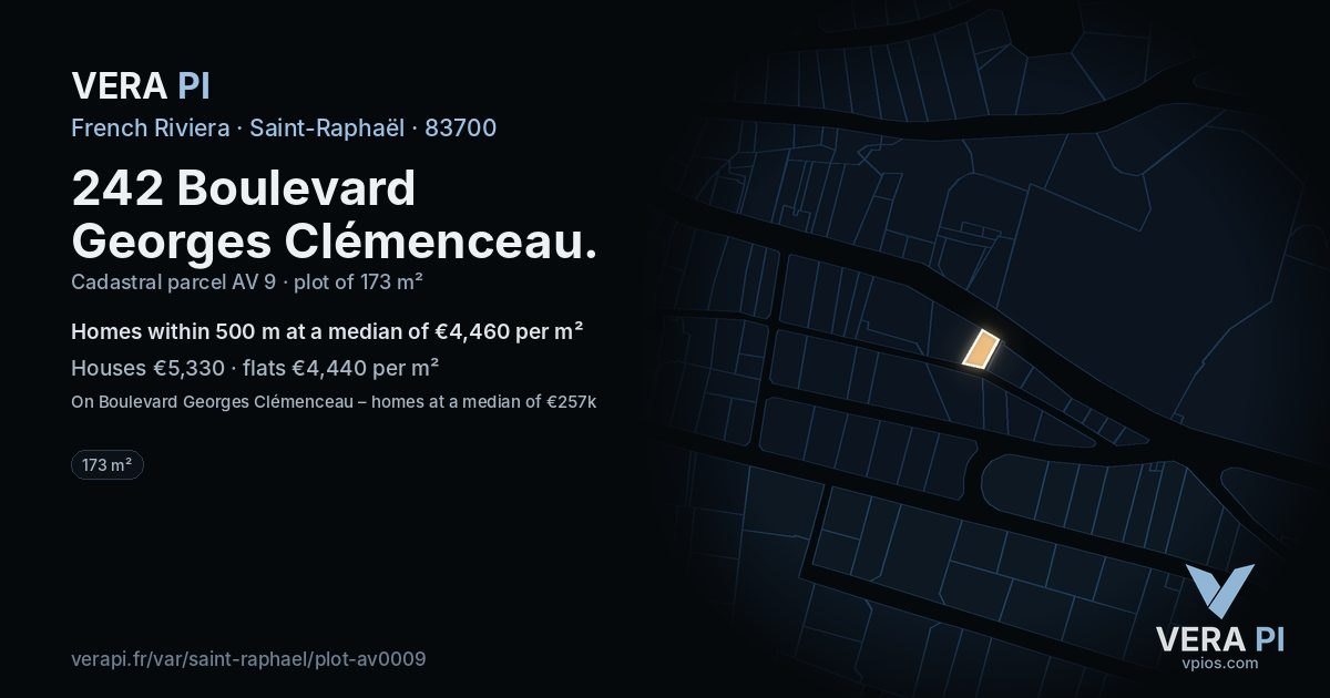 242 Boulevard Georges Clémenceau, Saint-Raphaël at night – the plot lit, the parcels around coloured by the prices near them