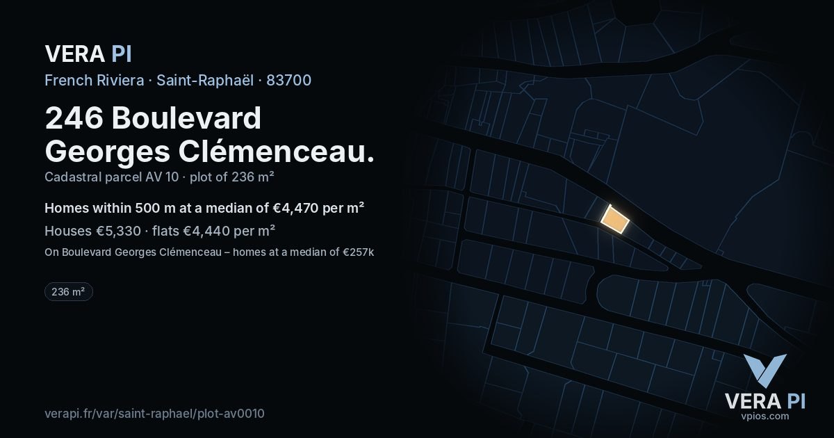 246 Boulevard Georges Clémenceau, Saint-Raphaël at night – the plot lit, the parcels around coloured by the prices near them