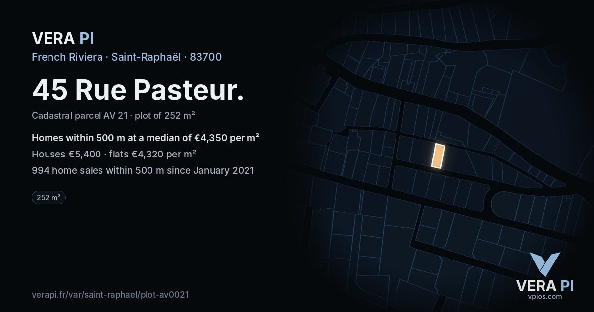 45 Rue Pasteur, Saint-Raphaël at night – the plot lit, the parcels around coloured by the prices near them