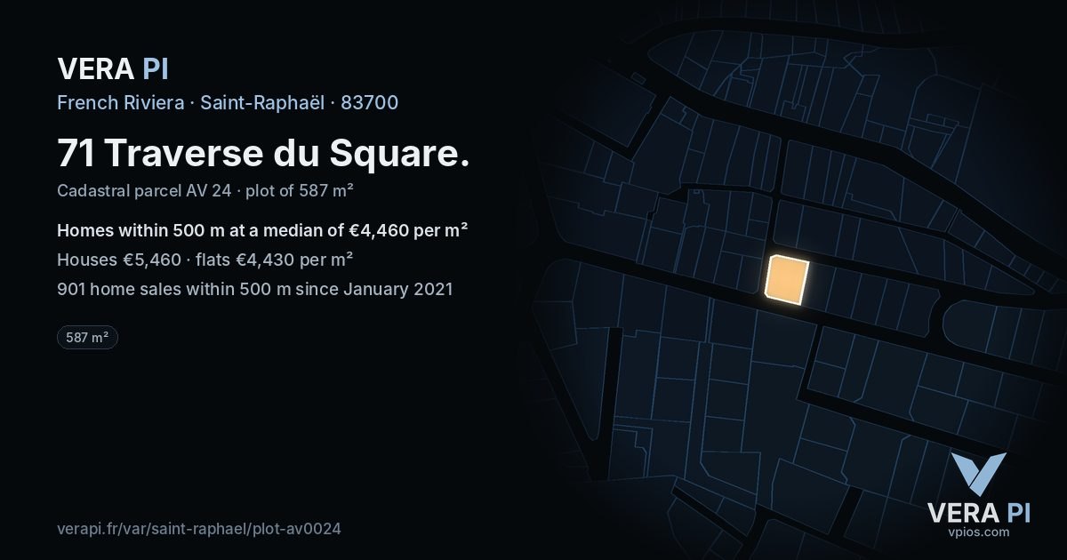 71 Traverse du Square, Saint-Raphaël at night – the plot lit, the parcels around coloured by the prices near them
