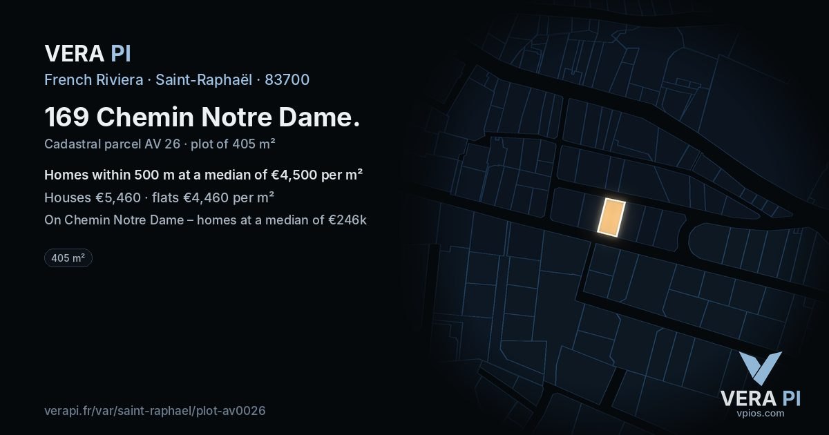 169 Chemin Notre Dame, Saint-Raphaël at night – the plot lit, the parcels around coloured by the prices near them