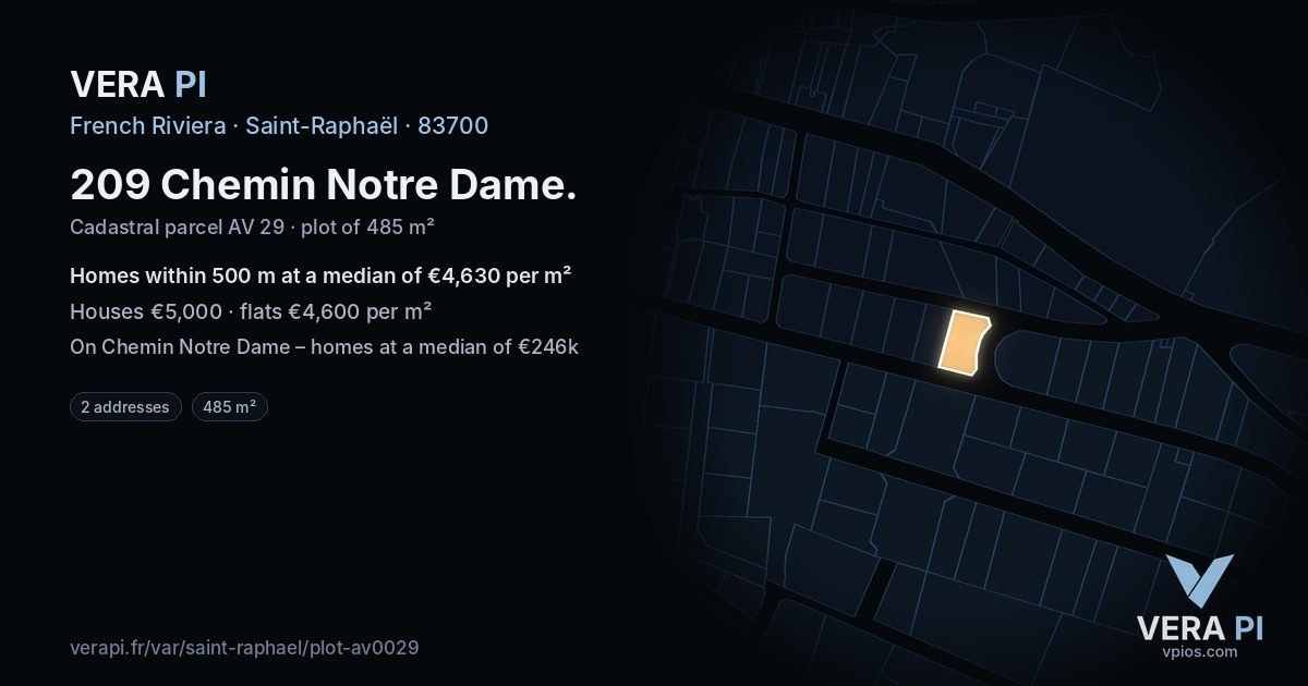 209 Chemin Notre Dame, Saint-Raphaël at night – the plot lit, the parcels around coloured by the prices near them