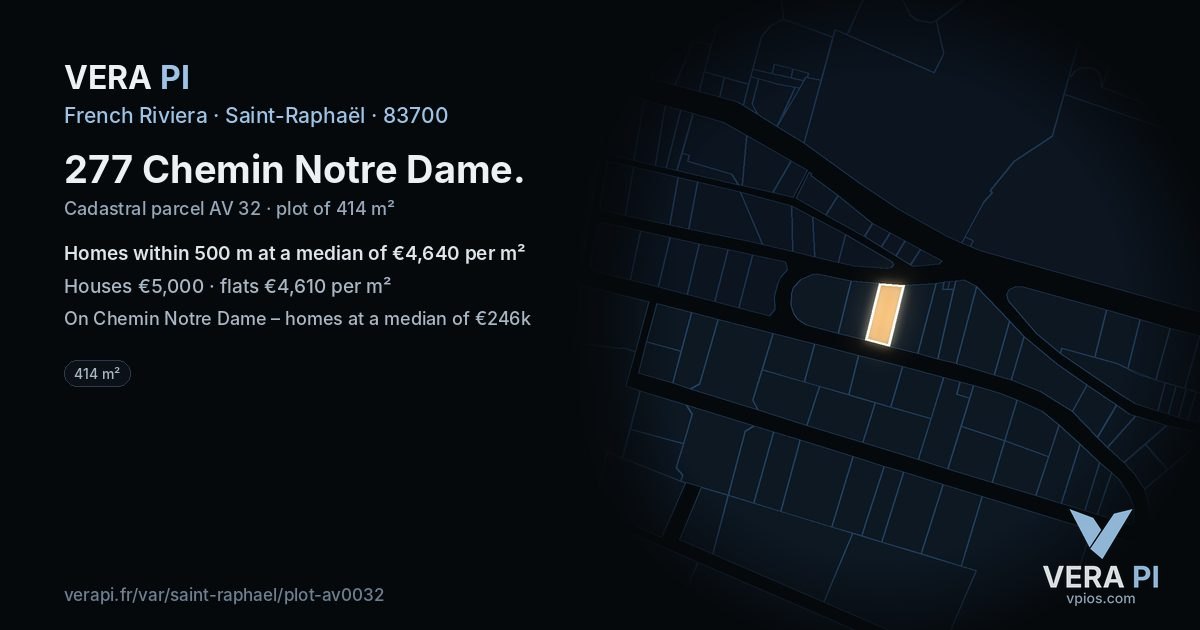 277 Chemin Notre Dame, Saint-Raphaël at night – the plot lit, the parcels around coloured by the prices near them