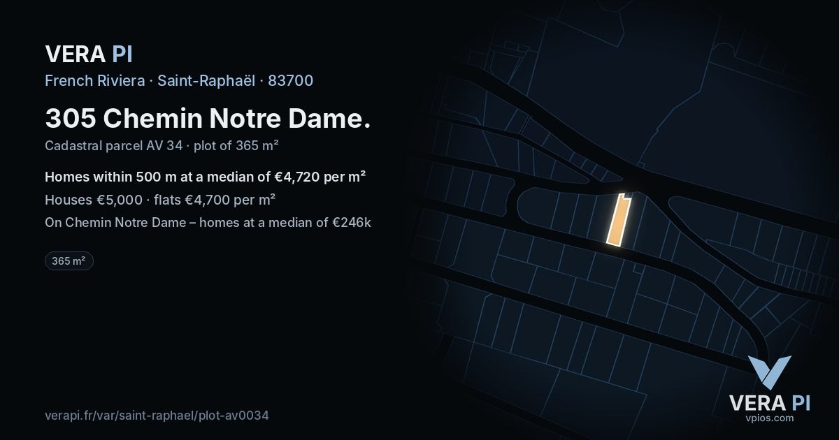 305 Chemin Notre Dame, Saint-Raphaël at night – the plot lit, the parcels around coloured by the prices near them