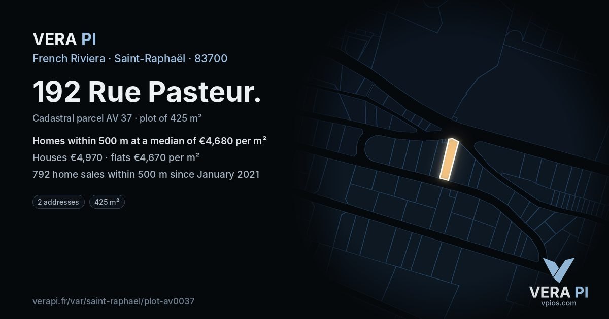 192 Rue Pasteur, Saint-Raphaël at night – the plot lit, the parcels around coloured by the prices near them