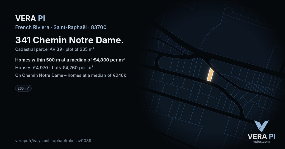 341 Chemin Notre Dame, Saint-Raphaël at night – the plot lit, the parcels around coloured by the prices near them