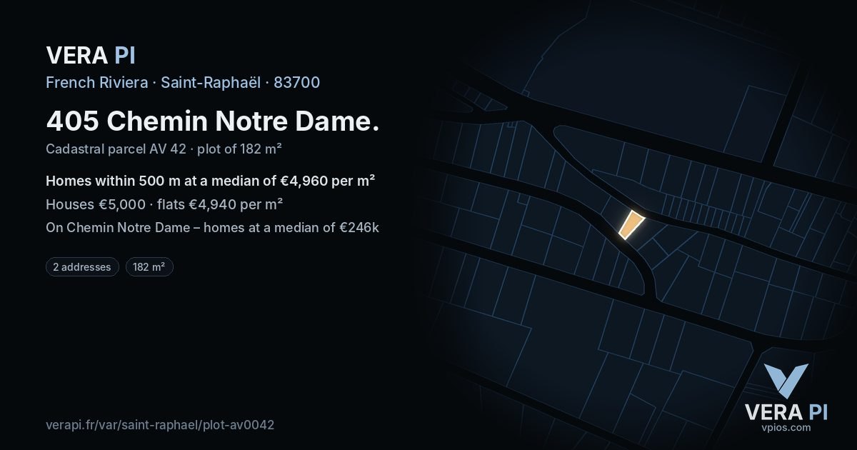405 Chemin Notre Dame, Saint-Raphaël at night – the plot lit, the parcels around coloured by the prices near them