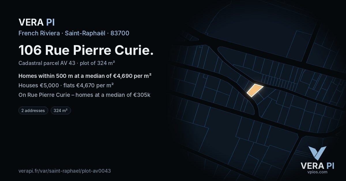 106 Rue Pierre Curie, Saint-Raphaël at night – the plot lit, the parcels around coloured by the prices near them