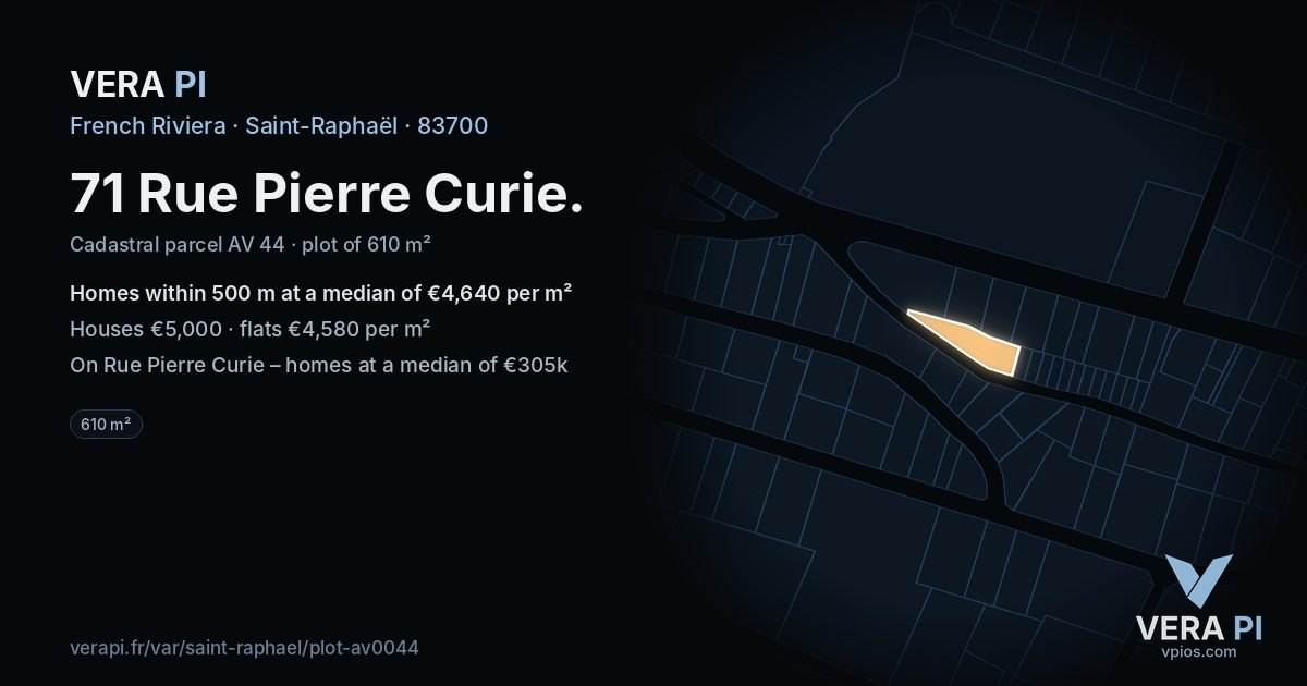 71 Rue Pierre Curie, Saint-Raphaël at night – the plot lit, the parcels around coloured by the prices near them