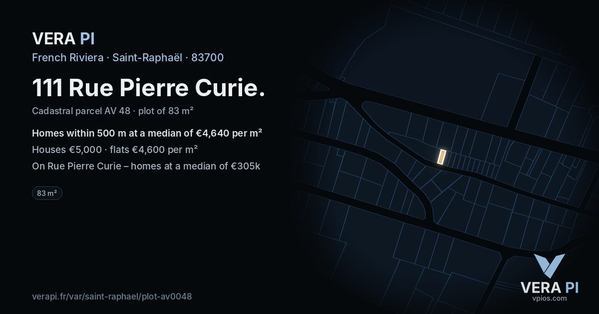 111 Rue Pierre Curie, Saint-Raphaël at night – the plot lit, the parcels around coloured by the prices near them