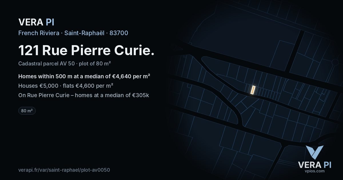 121 Rue Pierre Curie, Saint-Raphaël at night – the plot lit, the parcels around coloured by the prices near them