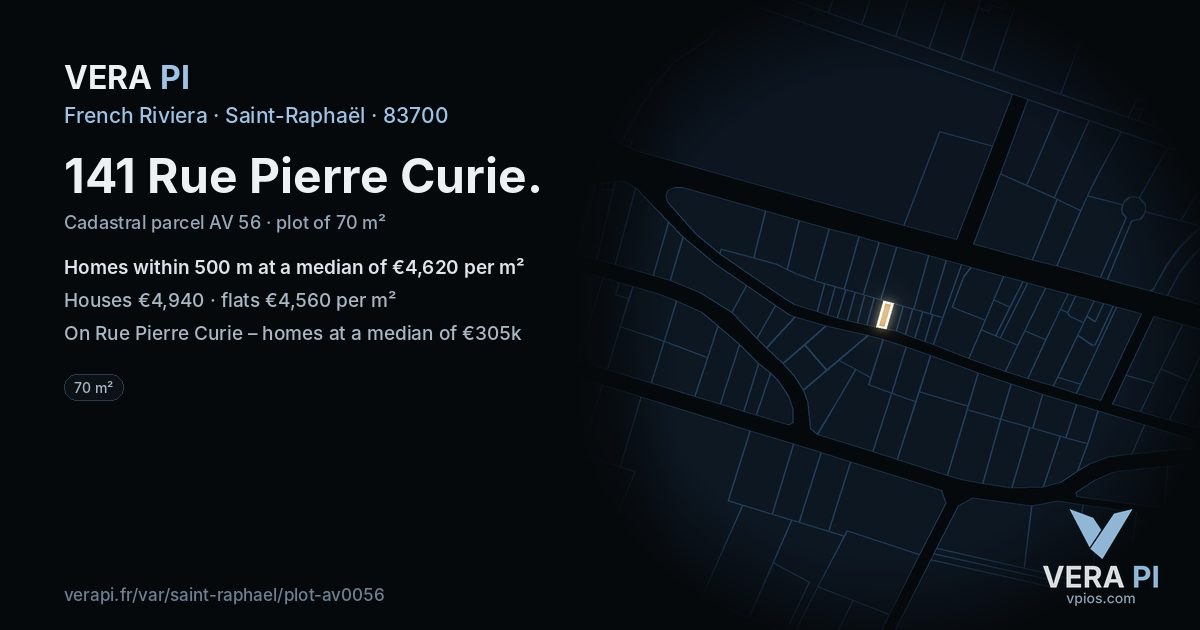 141 Rue Pierre Curie, Saint-Raphaël at night – the plot lit, the parcels around coloured by the prices near them