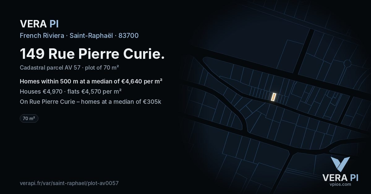 149 Rue Pierre Curie, Saint-Raphaël at night – the plot lit, the parcels around coloured by the prices near them