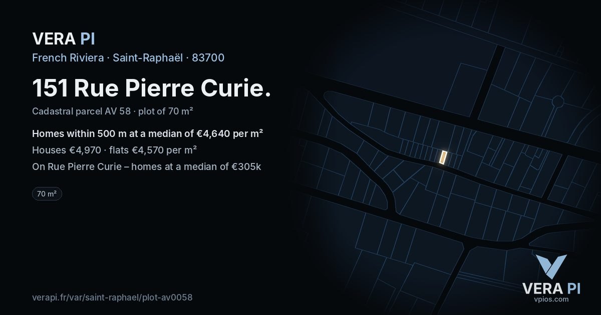 151 Rue Pierre Curie, Saint-Raphaël at night – the plot lit, the parcels around coloured by the prices near them