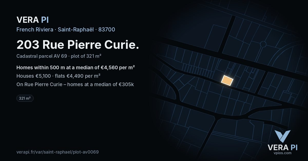 203 Rue Pierre Curie, Saint-Raphaël at night – the plot lit, the parcels around coloured by the prices near them