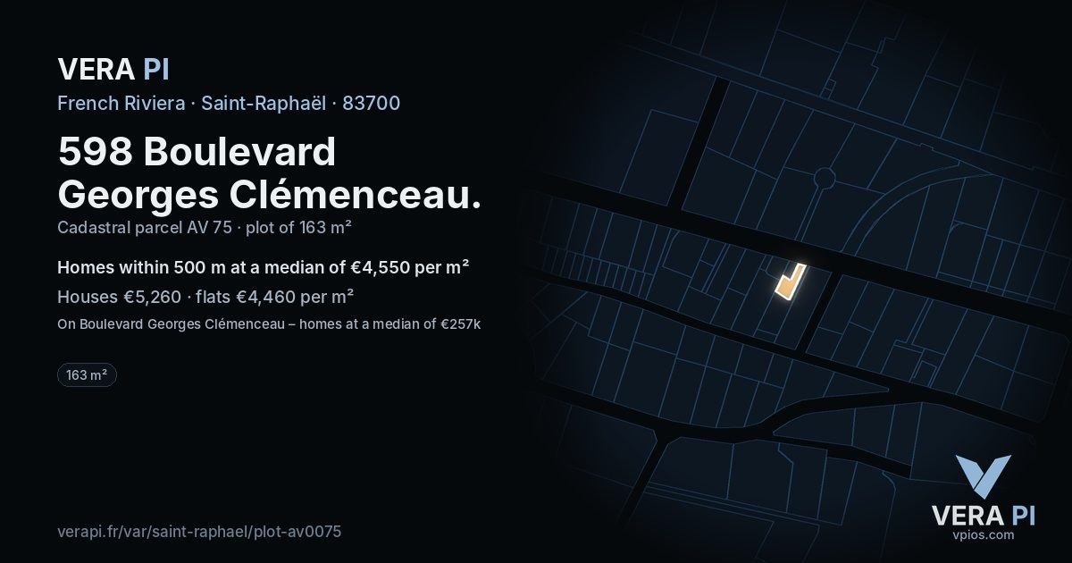 598 Boulevard Georges Clémenceau, Saint-Raphaël at night – the plot lit, the parcels around coloured by the prices near them