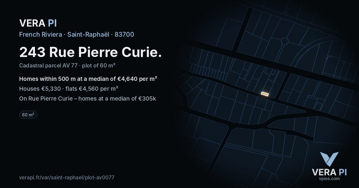 243 Rue Pierre Curie, Saint-Raphaël at night – the plot lit, the parcels around coloured by the prices near them