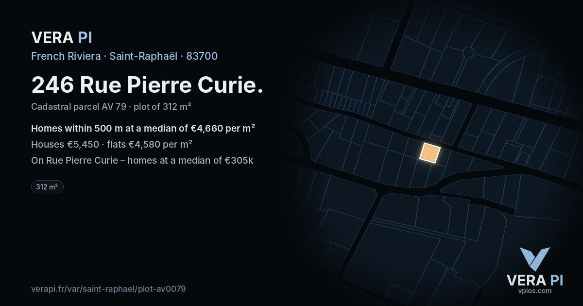246 Rue Pierre Curie, Saint-Raphaël at night – the plot lit, the parcels around coloured by the prices near them