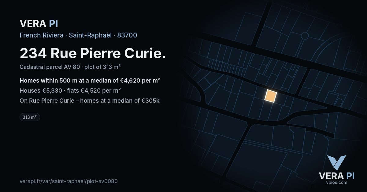 234 Rue Pierre Curie, Saint-Raphaël at night – the plot lit, the parcels around coloured by the prices near them