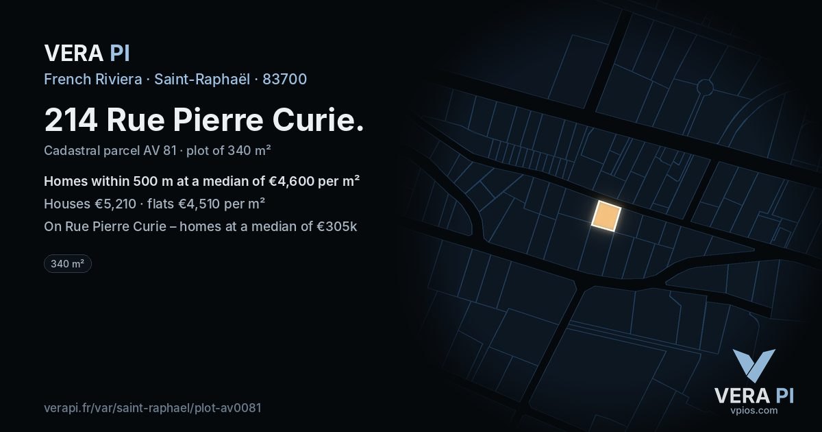 214 Rue Pierre Curie, Saint-Raphaël at night – the plot lit, the parcels around coloured by the prices near them