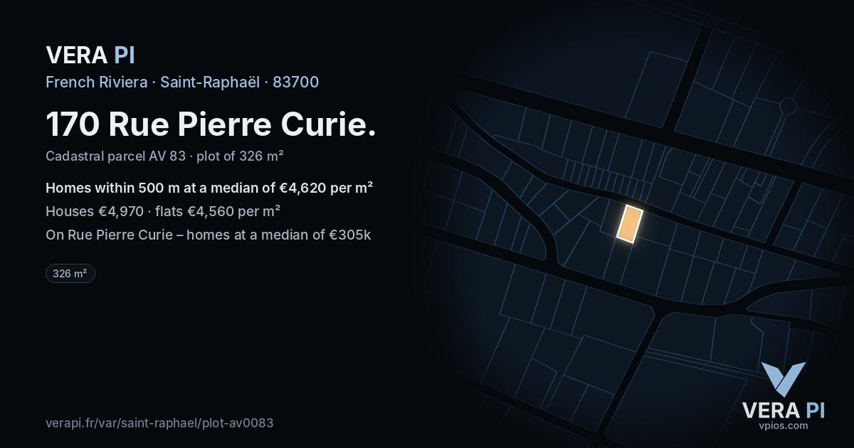 170 Rue Pierre Curie, Saint-Raphaël at night – the plot lit, the parcels around coloured by the prices near them