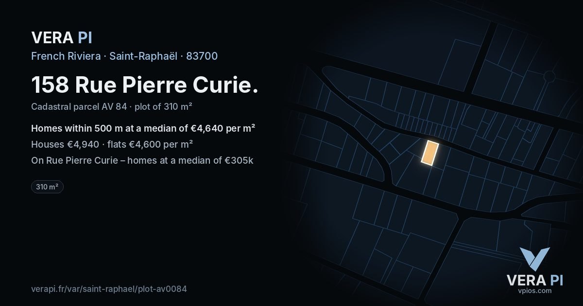 158 Rue Pierre Curie, Saint-Raphaël at night – the plot lit, the parcels around coloured by the prices near them