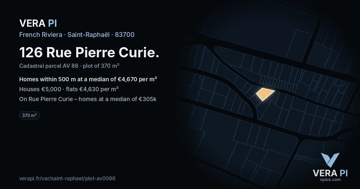126 Rue Pierre Curie, Saint-Raphaël at night – the plot lit, the parcels around coloured by the prices near them