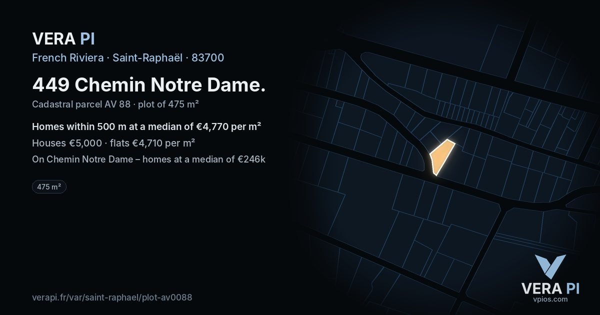 449 Chemin Notre Dame, Saint-Raphaël at night – the plot lit, the parcels around coloured by the prices near them