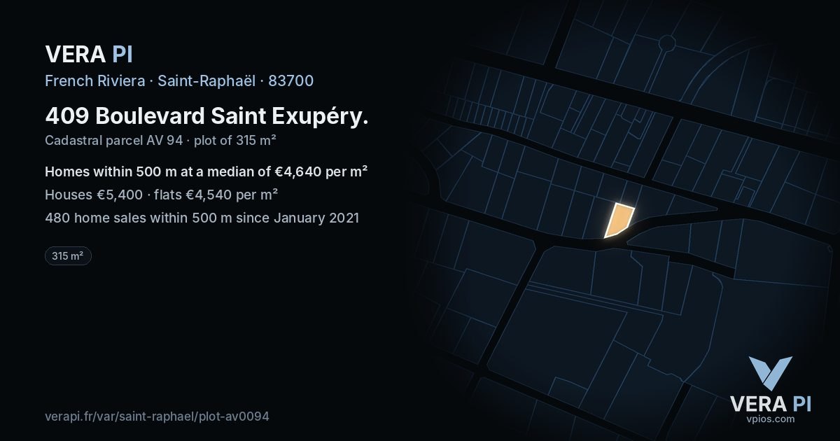 409 Boulevard Saint Exupéry, Saint-Raphaël at night – the plot lit, the parcels around coloured by the prices near them