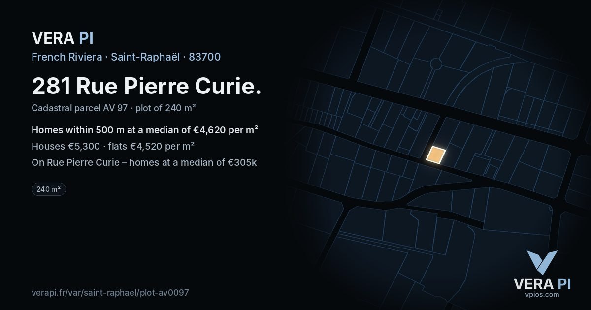 281 Rue Pierre Curie, Saint-Raphaël at night – the plot lit, the parcels around coloured by the prices near them