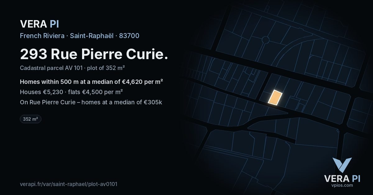 293 Rue Pierre Curie, Saint-Raphaël at night – the plot lit, the parcels around coloured by the prices near them