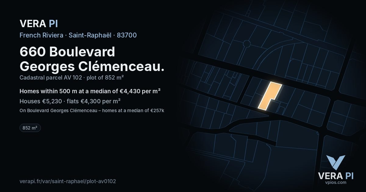 660 Boulevard Georges Clémenceau, Saint-Raphaël at night – the plot lit, the parcels around coloured by the prices near them