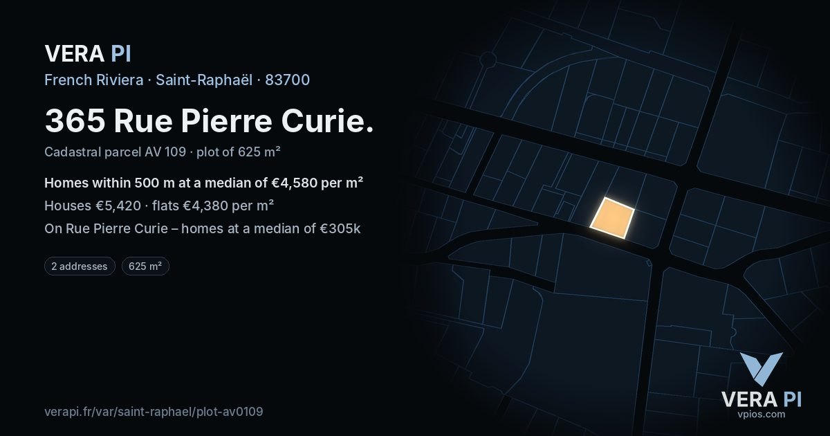365 Rue Pierre Curie, Saint-Raphaël at night – the plot lit, the parcels around coloured by the prices near them