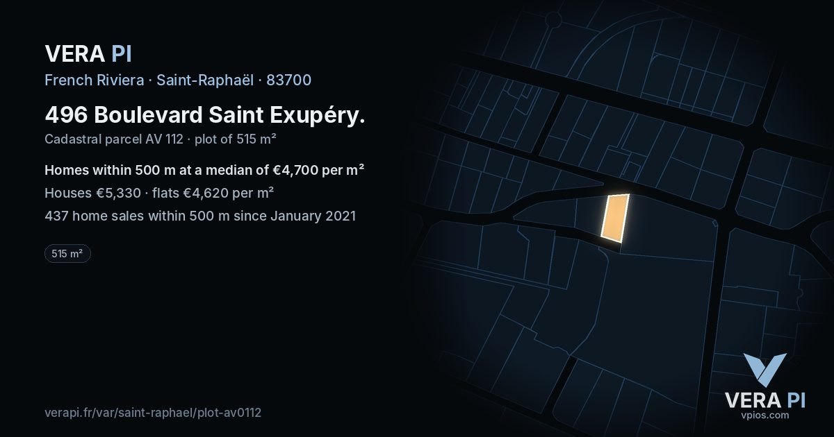 496 Boulevard Saint Exupéry, Saint-Raphaël at night – the plot lit, the parcels around coloured by the prices near them