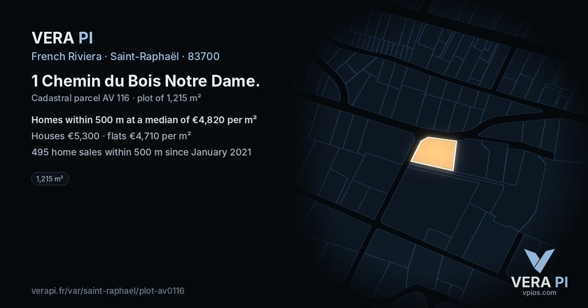 1 Chemin du Bois Notre Dame, Saint-Raphaël at night – the plot lit, the parcels around coloured by the prices near them