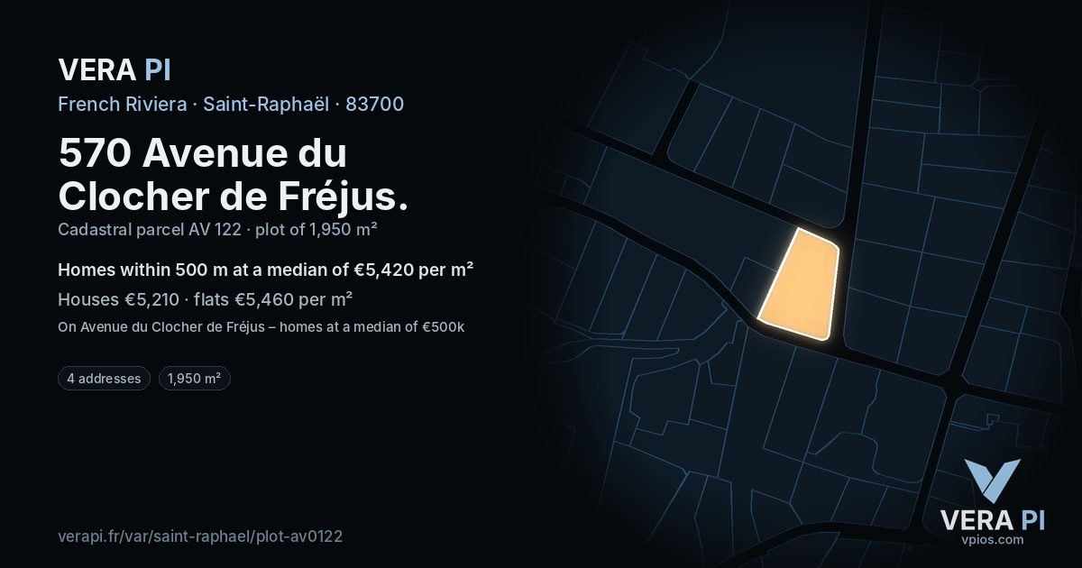 570 Avenue du Clocher de Fréjus, Saint-Raphaël at night – the plot lit, the parcels around coloured by the prices near them