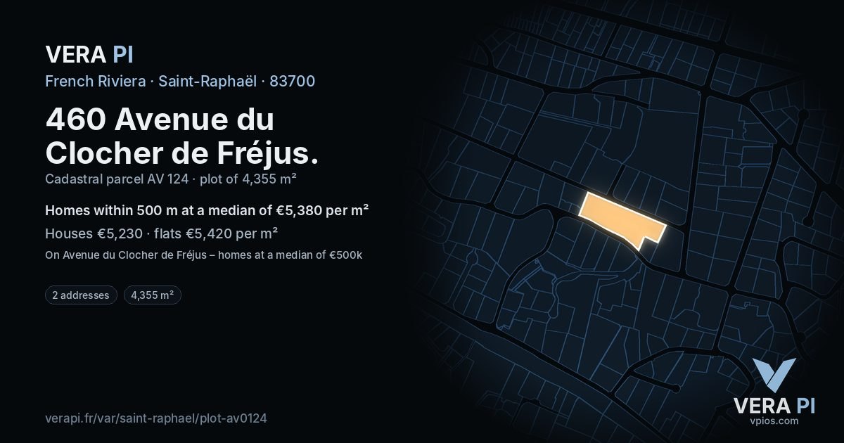 460 Avenue du Clocher de Fréjus, Saint-Raphaël at night – the plot lit, the parcels around coloured by the prices near them