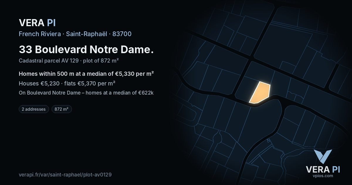 33 Boulevard Notre Dame, Saint-Raphaël at night – the plot lit, the parcels around coloured by the prices near them