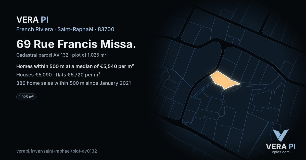 69 Rue Francis Missa, Saint-Raphaël at night – the plot lit, the parcels around coloured by the prices near them