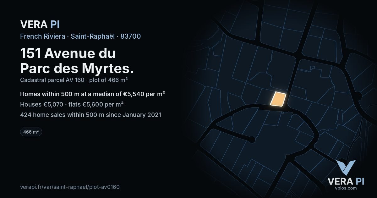 151 Avenue du Parc des Myrtes, Saint-Raphaël at night – the plot lit, the parcels around coloured by the prices near them