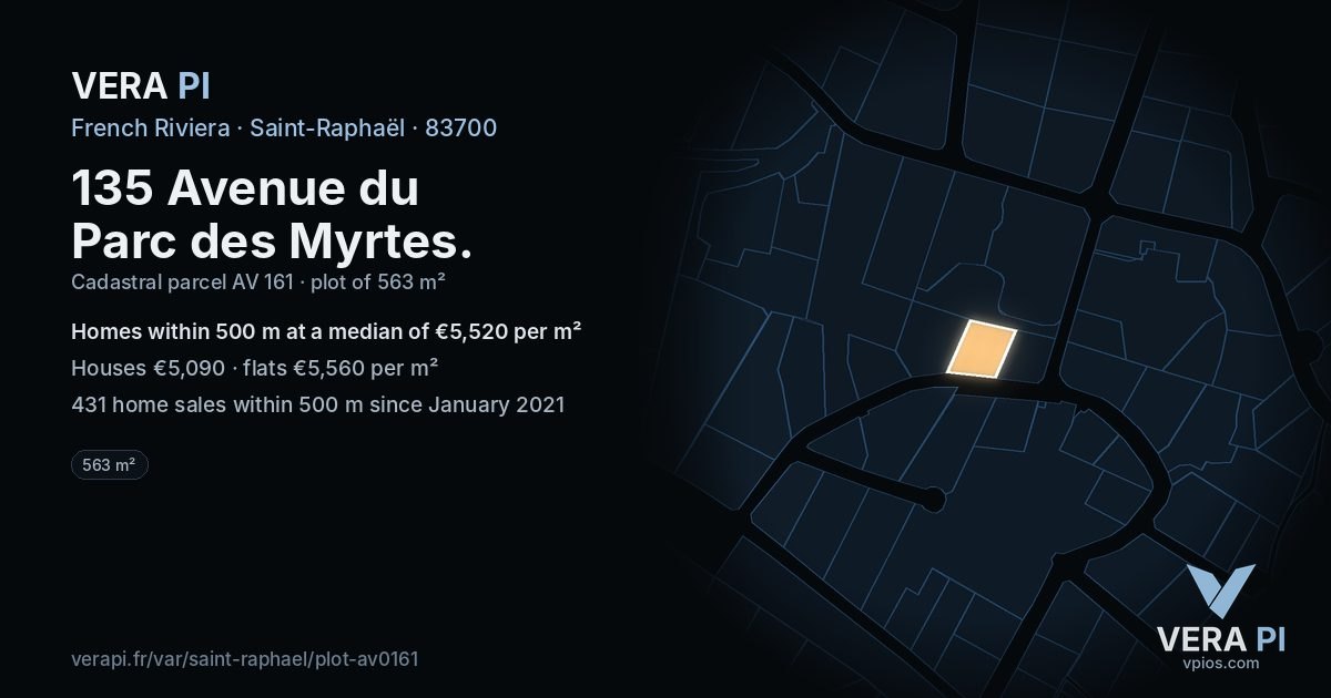 135 Avenue du Parc des Myrtes, Saint-Raphaël at night – the plot lit, the parcels around coloured by the prices near them
