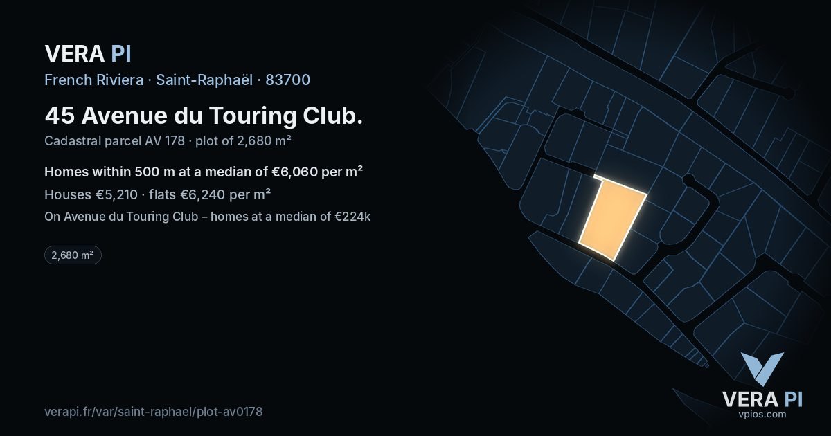 45 Avenue du Touring Club, Saint-Raphaël at night – the plot lit, the parcels around coloured by the prices near them