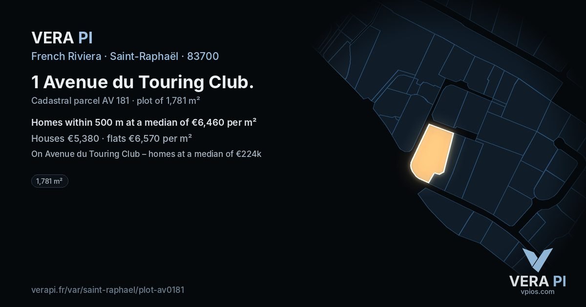 1 Avenue du Touring Club, Saint-Raphaël at night – the plot lit, the parcels around coloured by the prices near them