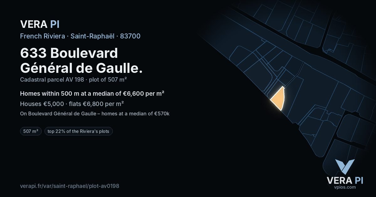 633 Boulevard Général de Gaulle, Saint-Raphaël at night – the plot lit, the parcels around coloured by the prices near them