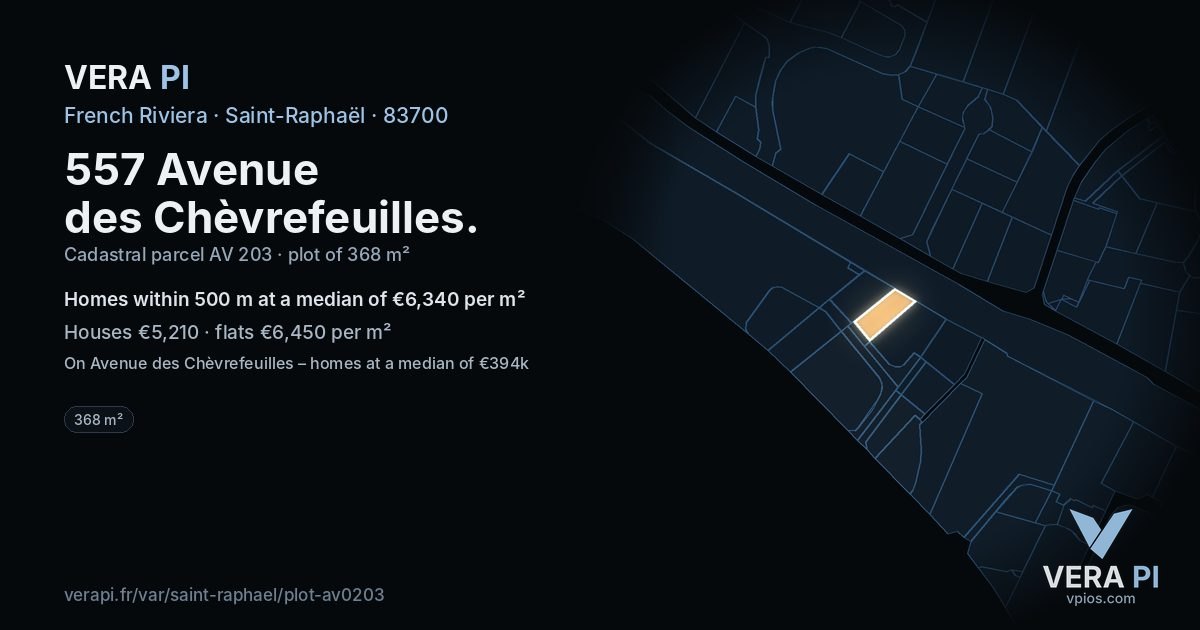 557 Avenue des Chèvrefeuilles, Saint-Raphaël at night – the plot lit, the parcels around coloured by the prices near them