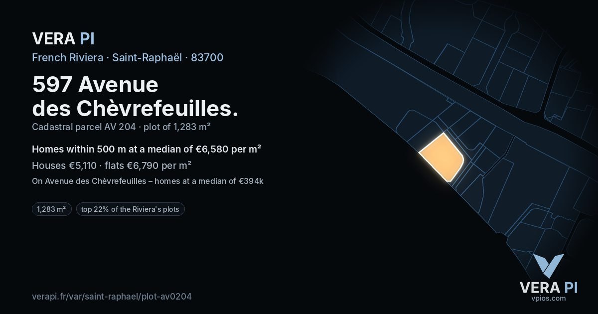 597 Avenue des Chèvrefeuilles, Saint-Raphaël at night – the plot lit, the parcels around coloured by the prices near them
