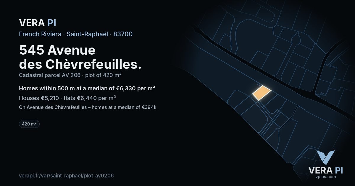 545 Avenue des Chèvrefeuilles, Saint-Raphaël at night – the plot lit, the parcels around coloured by the prices near them